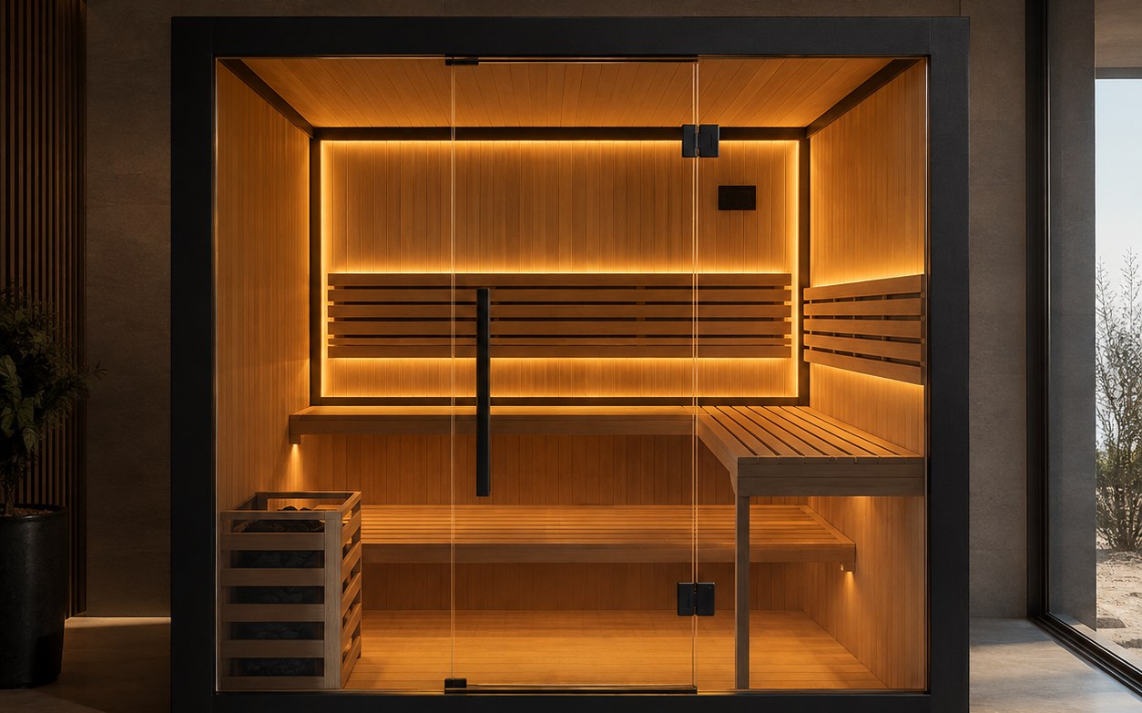 Sauna Lumen con estructura negra y frente de vidrio, iluminado en interior